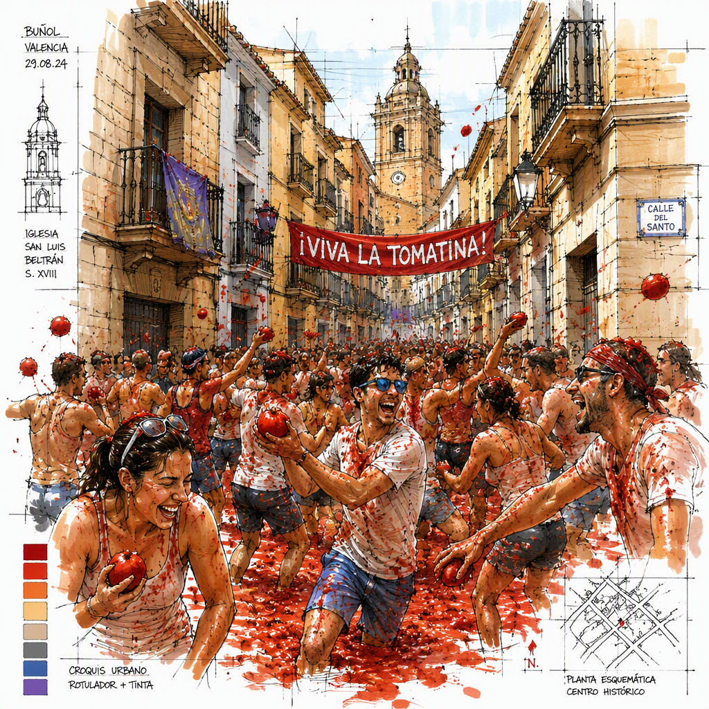 La Tomatina -festivaalin iloinen tomaattitaistelu Buñolissa La Tomatina -festivaalin iloinen tomaattitaistelu Buñolissa