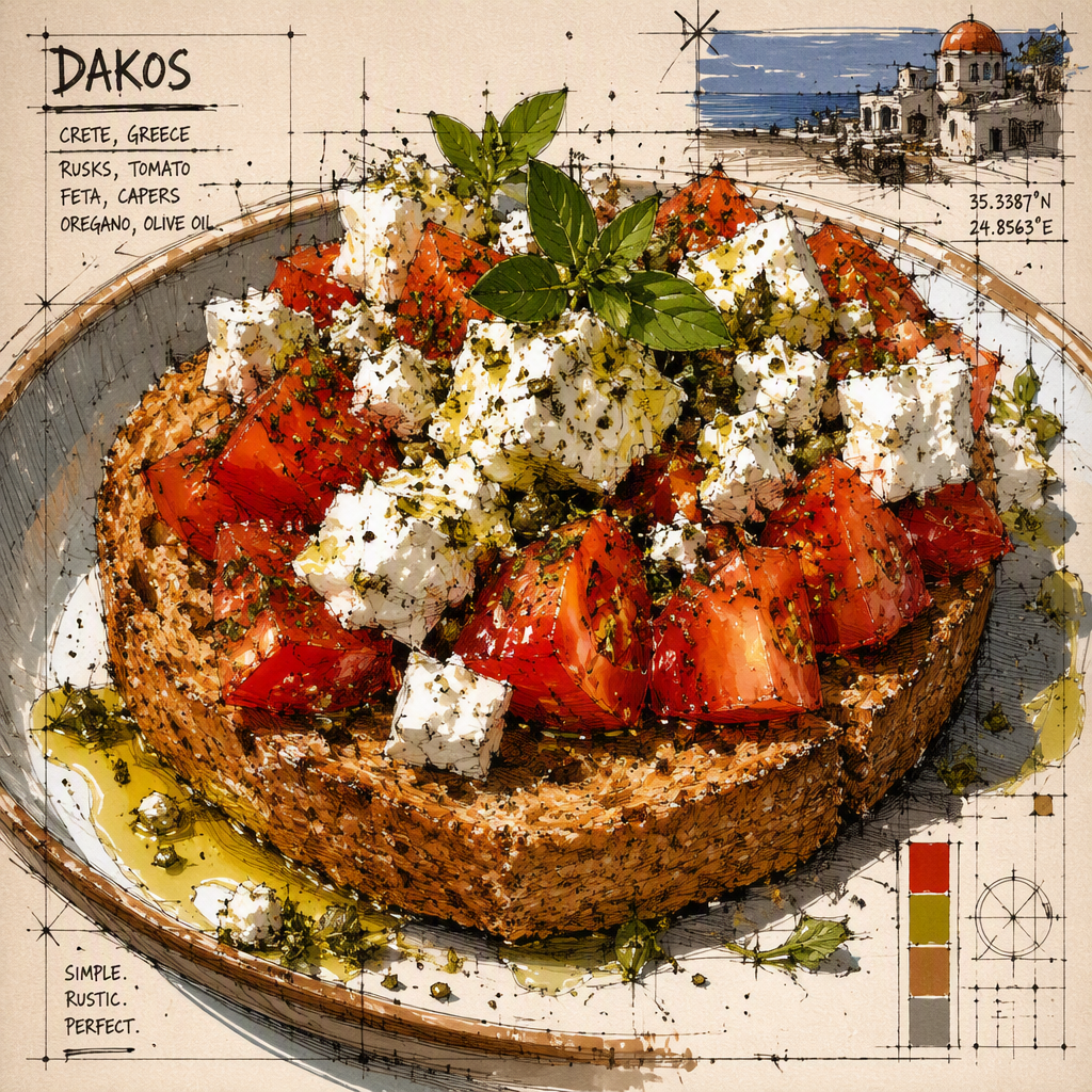 Dakos-alkuruoka tuoreista raaka-aineista valmistettuna