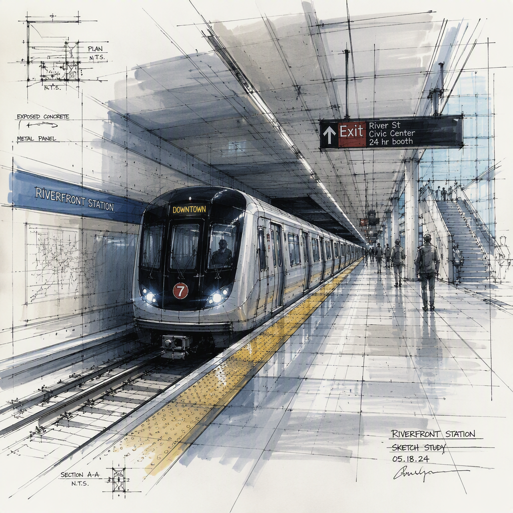 Moderni metrojuna saapumassa asemalaiturille Moderni metrojuna saapumassa asemalaiturille