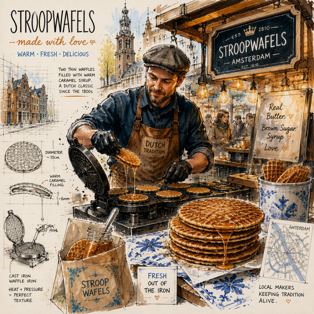 Tuoreita stroopwafel-vohveleita markkinakojussa valmistettuna