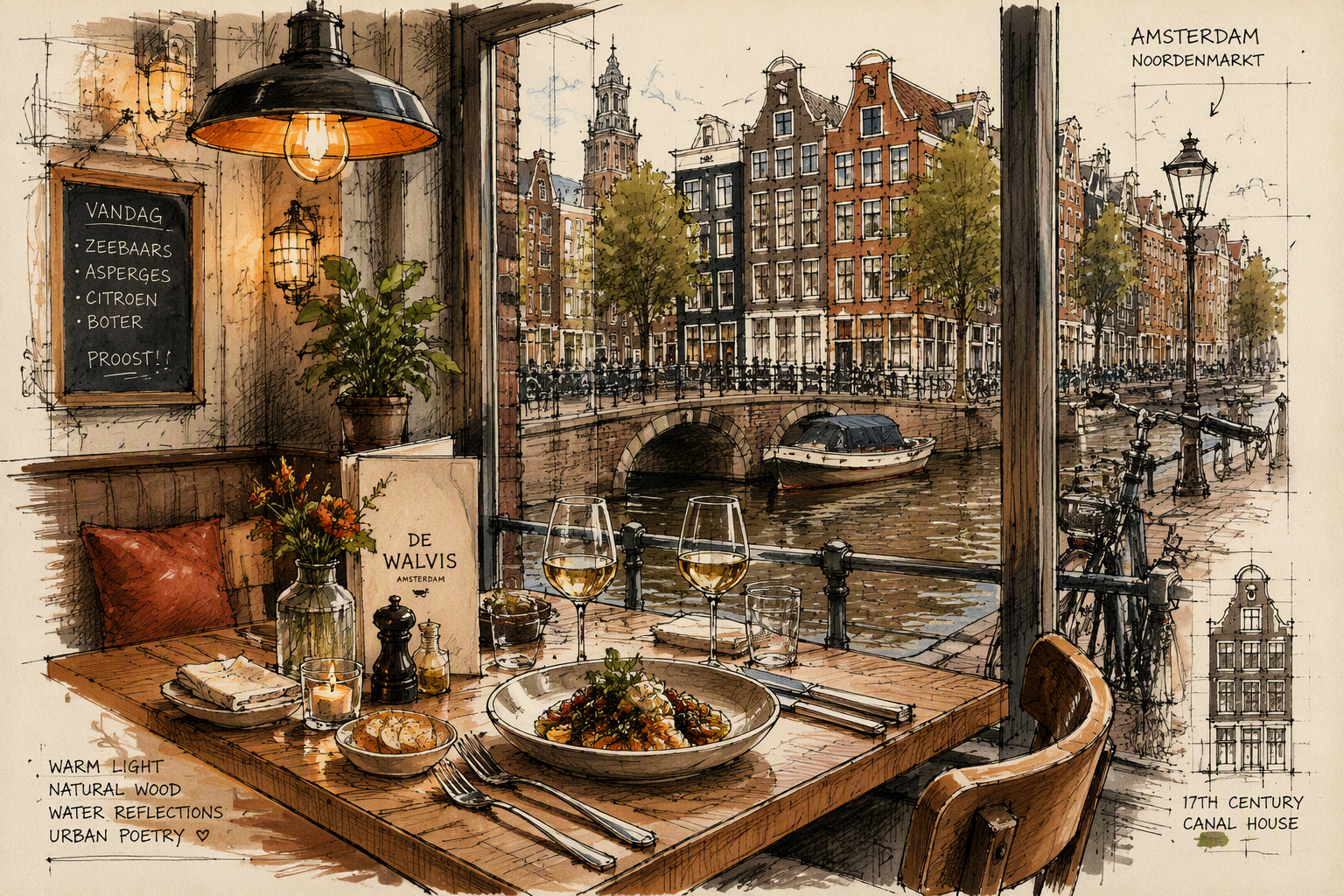 Tunnelmallinen ravintola Amsterdamin kanavan varrella Tunnelmallinen ravintola Amsterdamin kanavan varrella