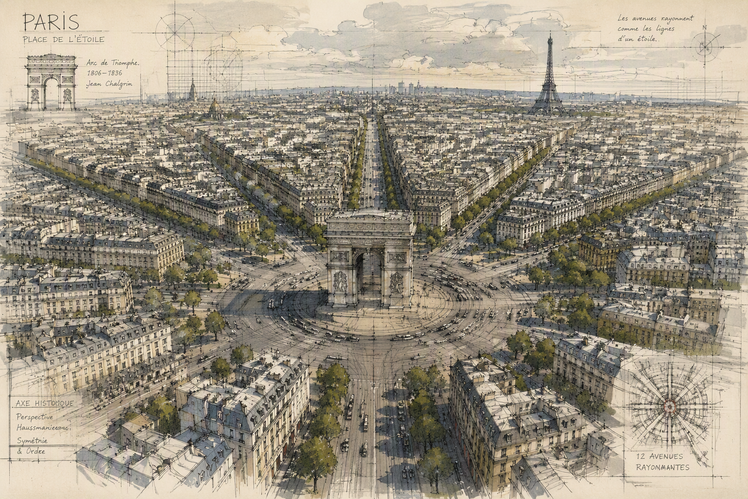 Panoraamanäkymä Pariisin katujen risteyksestä Riemukaaren huipulta