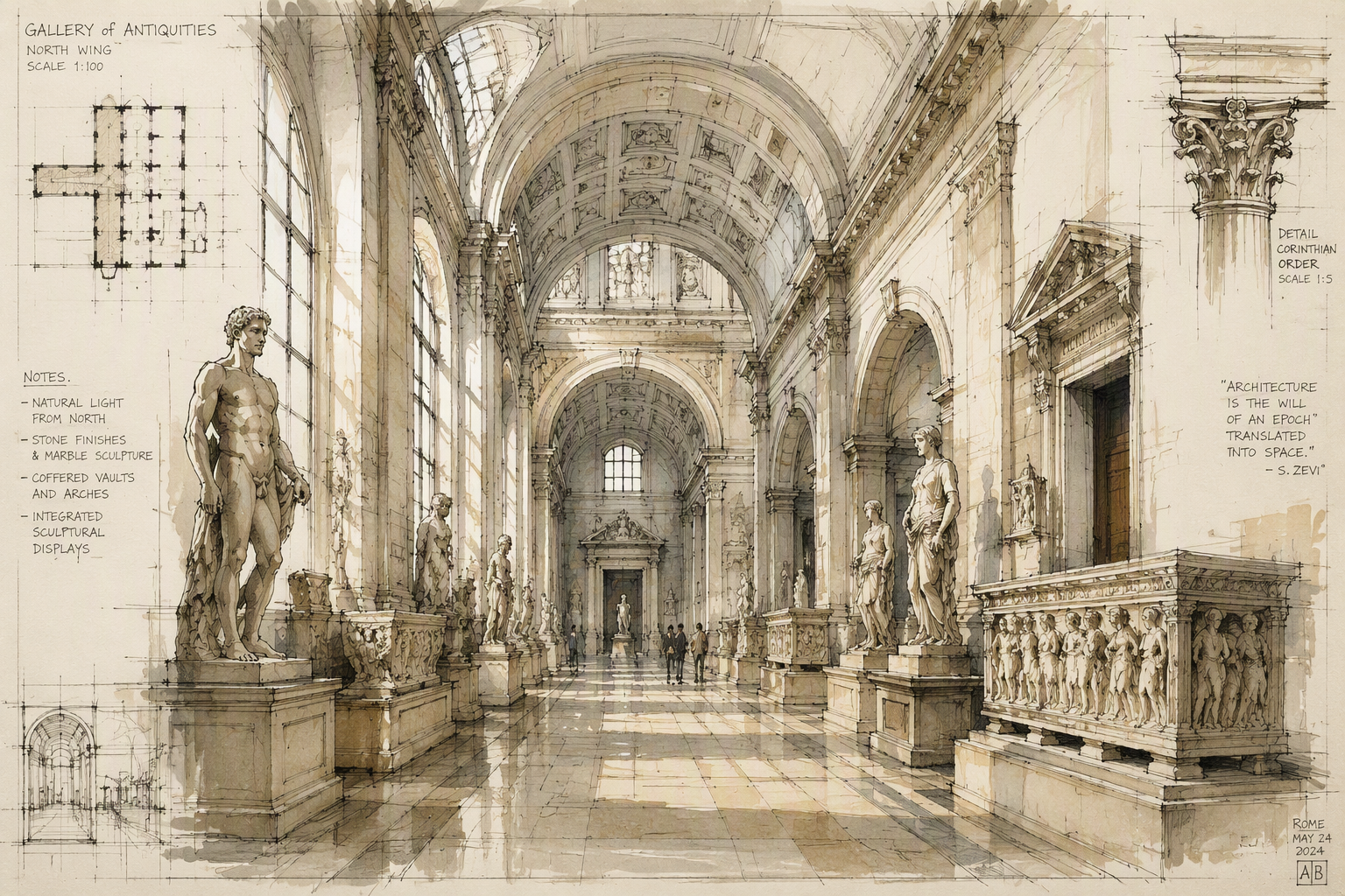 Klassisia marmoriveistoksia Louvren historiallisessa museogalleriassa