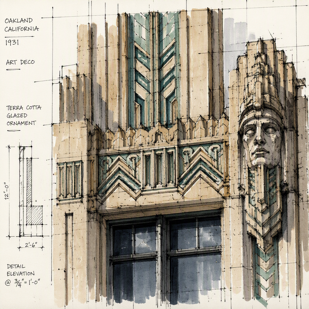 Historiallisen Art Deco -rakennuksen yksityiskohtia