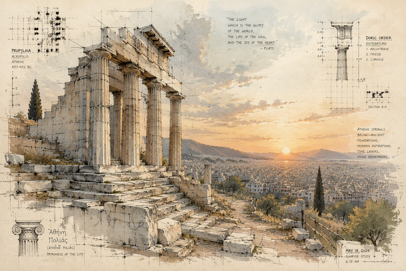 Akropolis ja Ateenan kaupunki auringonnousun aikaan