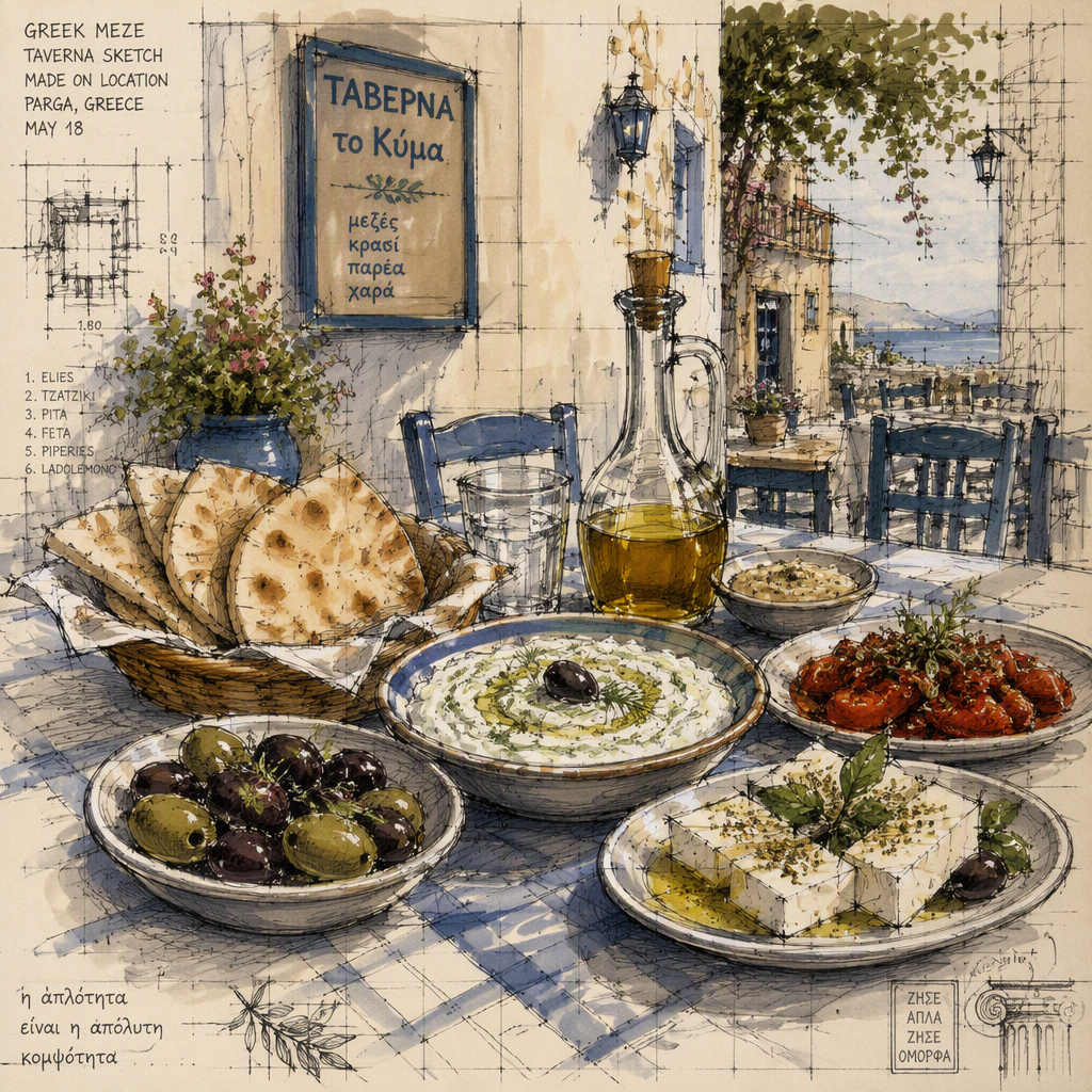 Perinteisiä kreikkalaisia meze-ruokia ravintolapöydässä