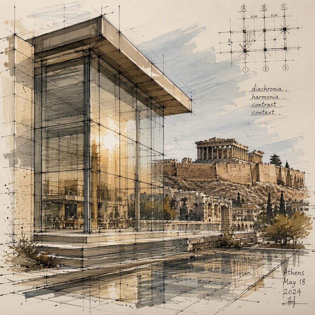 Akropolis-museon moderni lasijulkisivu ja taustalla häämöttävä Akropolis