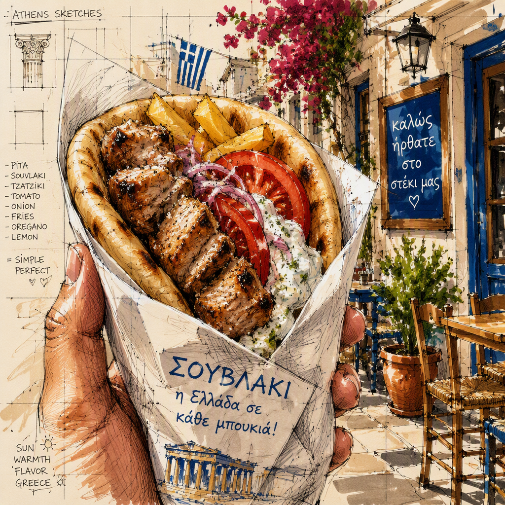 Kreikkalainen souvlaki-pita katuruokana