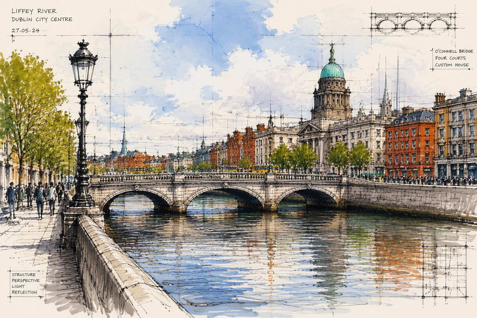 Liffey-joki ja kaupungin historiallisia rakennuksia