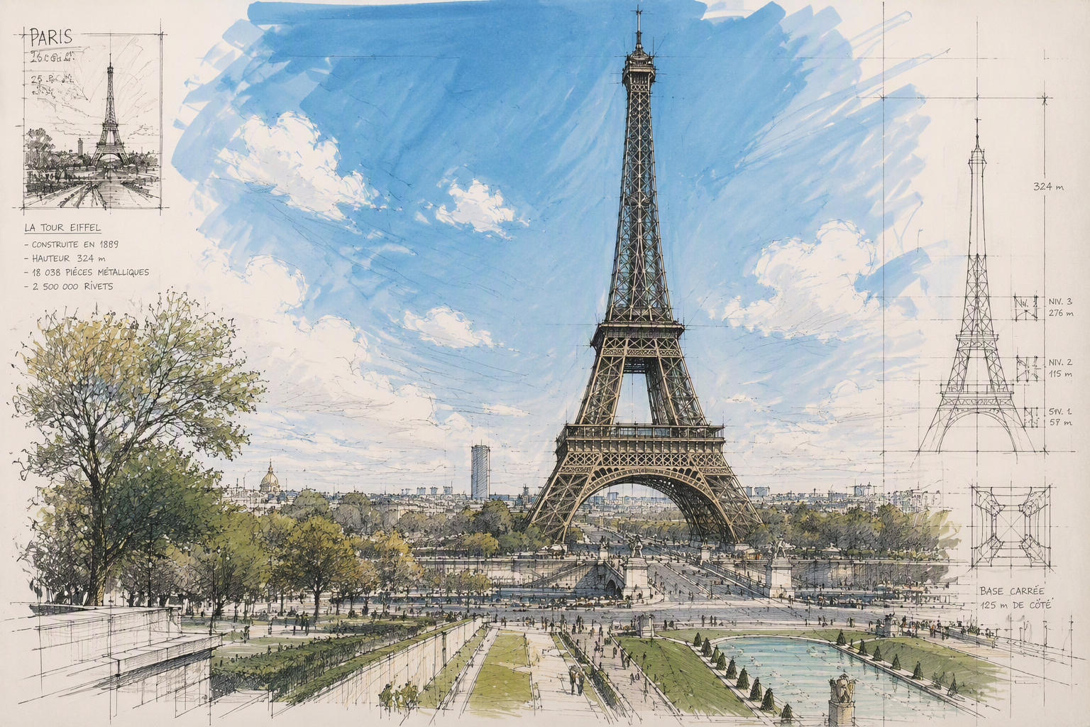 Eiffel-torni kohoaa Pariisin yllä aurinkoisena päivänä
