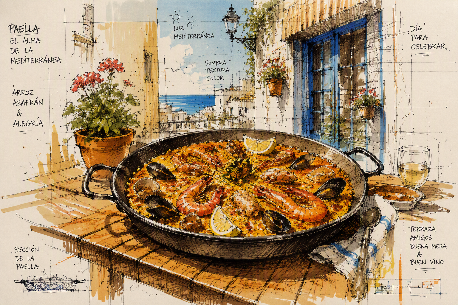 Aito valencialainen paella tarjoiltuna perinteisellä pannulla Aito valencialainen paella tarjoiltuna perinteisellä pannulla