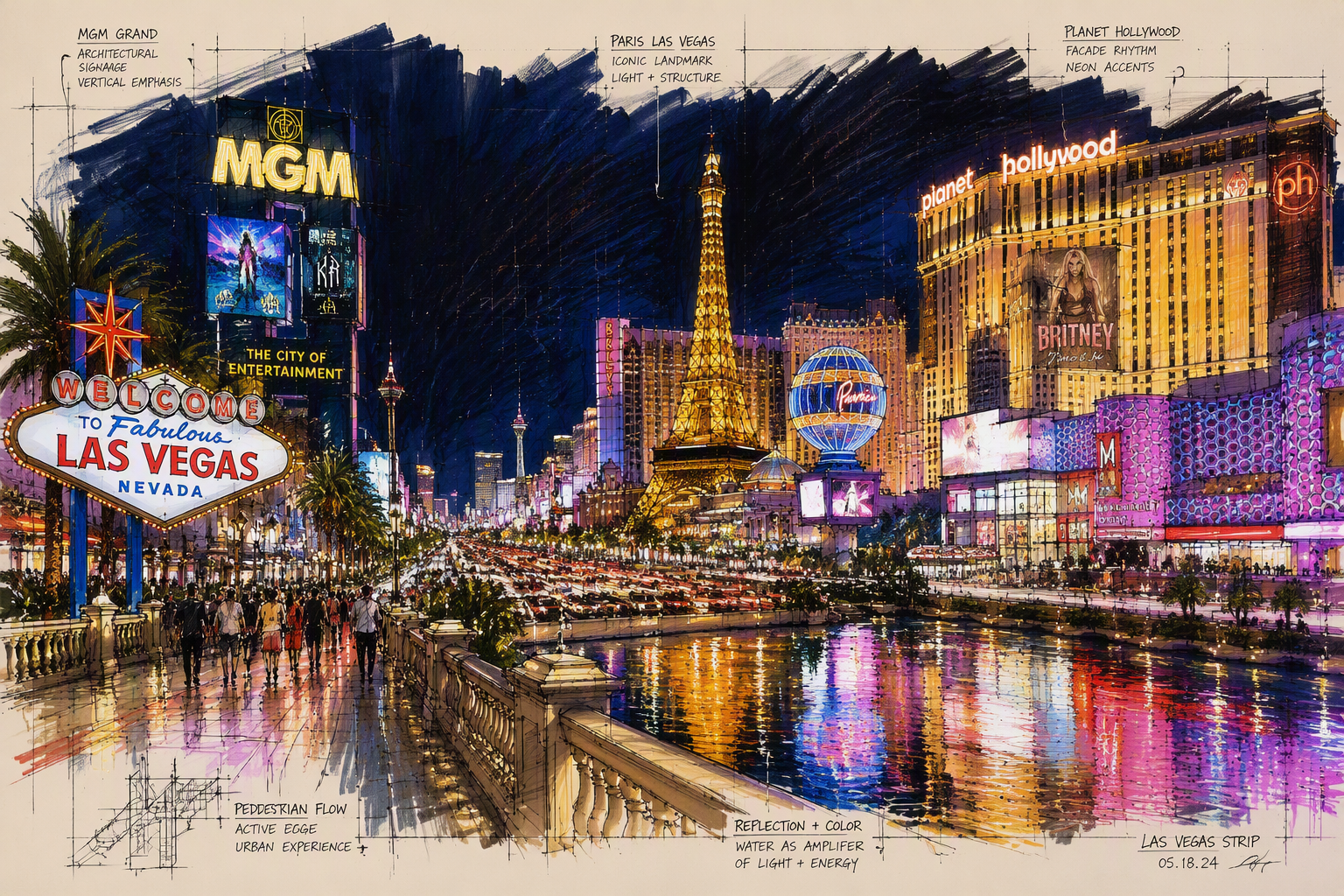 Las Vegasin kasinoiden neonvalot yöllä