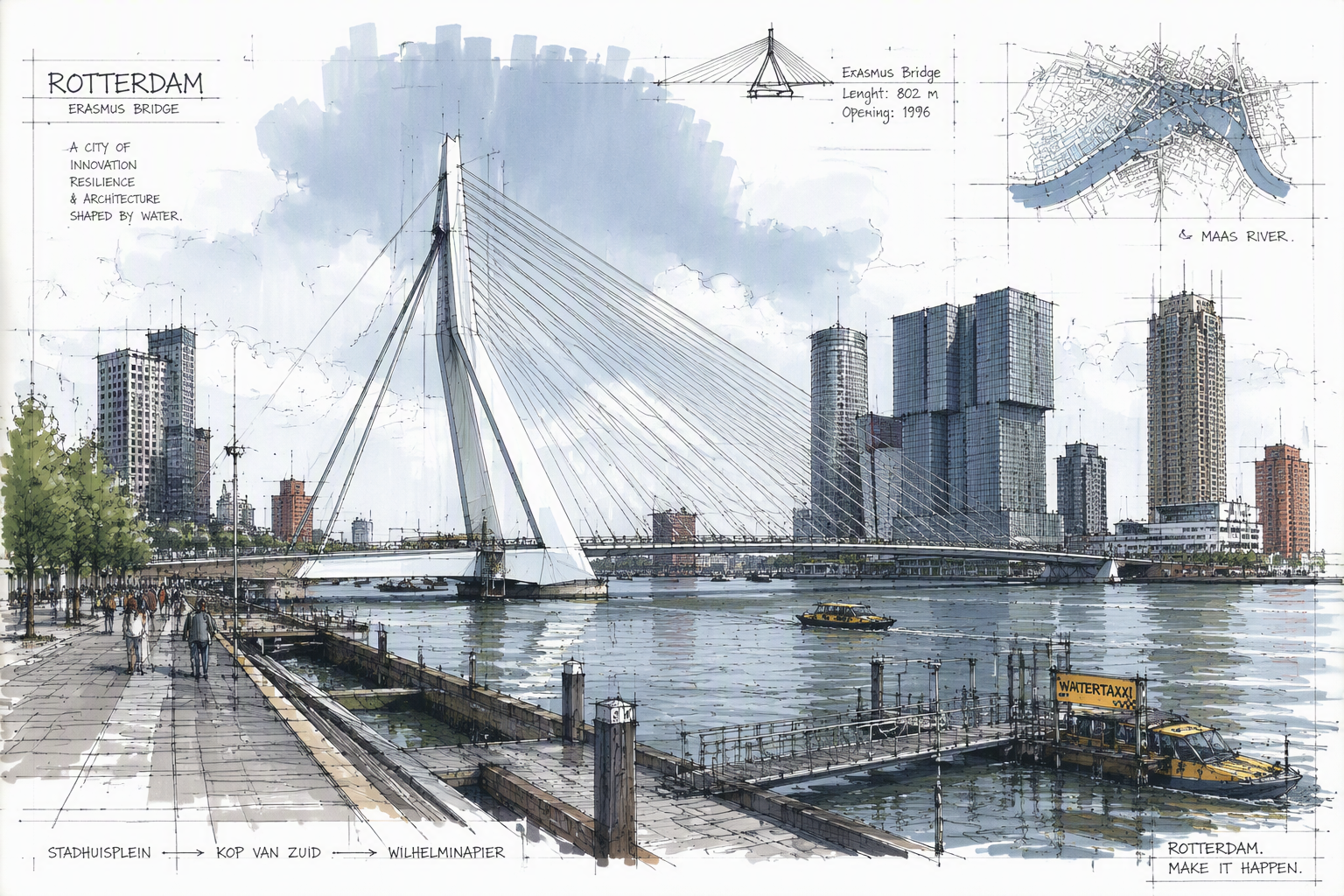 Moderni Erasmus-silta ja Rotterdamin kaupunkinäkymä Moderni Erasmus-silta ja Rotterdamin kaupunkinäkymä