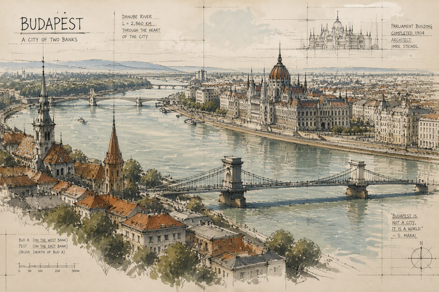 Panoraamanäkymä Budapestin yli ja Tonavalle