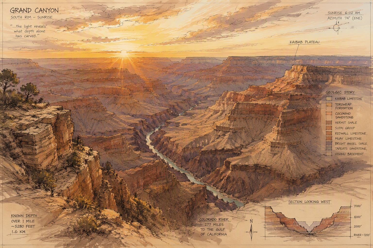 Grand Canyonin laaja panoraamanäkymä auringonnousun aikaan