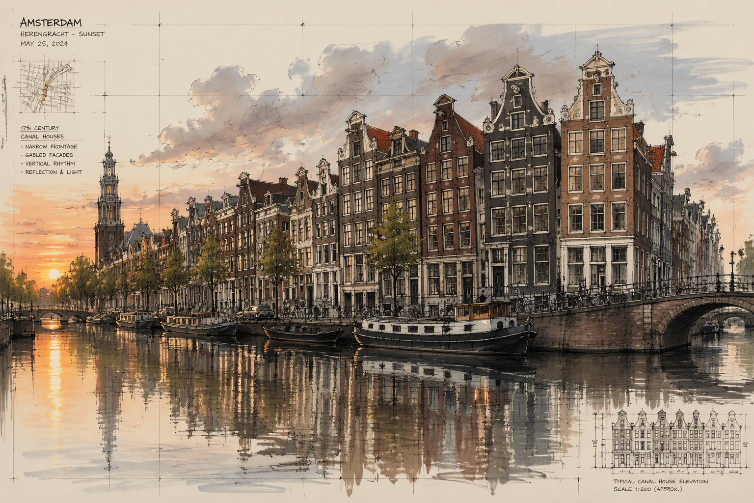 Historiallisia kanavataloja Amsterdamissa auringonlaskun aikaan Historiallisia kanavataloja Amsterdamissa auringonlaskun aikaan