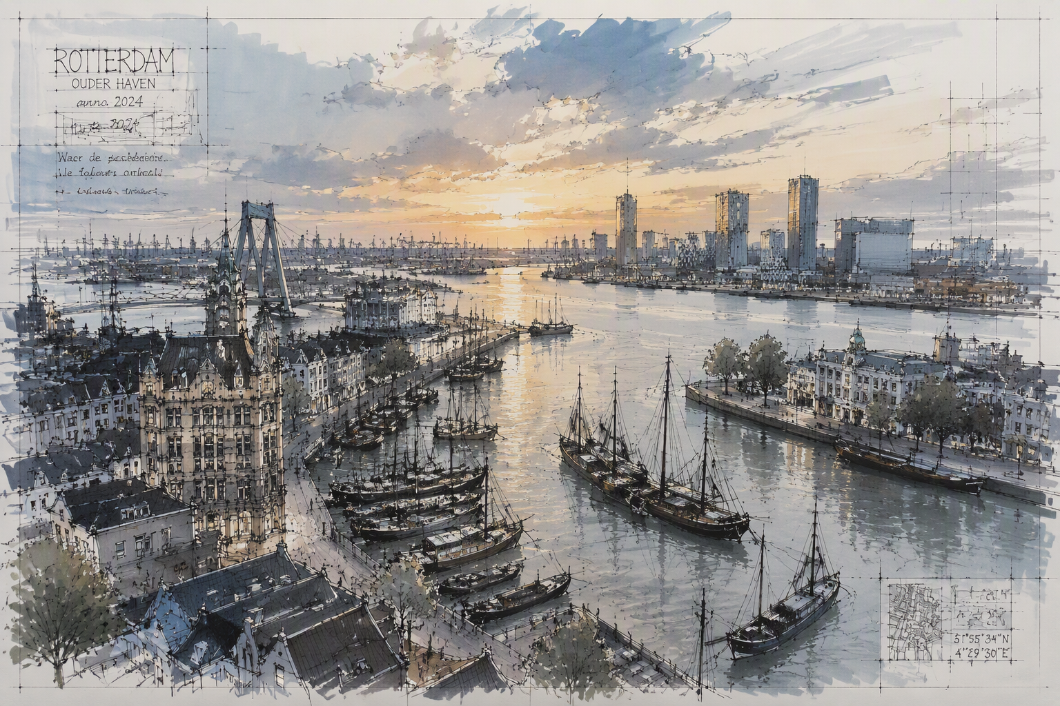 Historiallinen Rotterdamin satama auringonlaskun aikaan Historiallinen Rotterdamin satama auringonlaskun aikaan