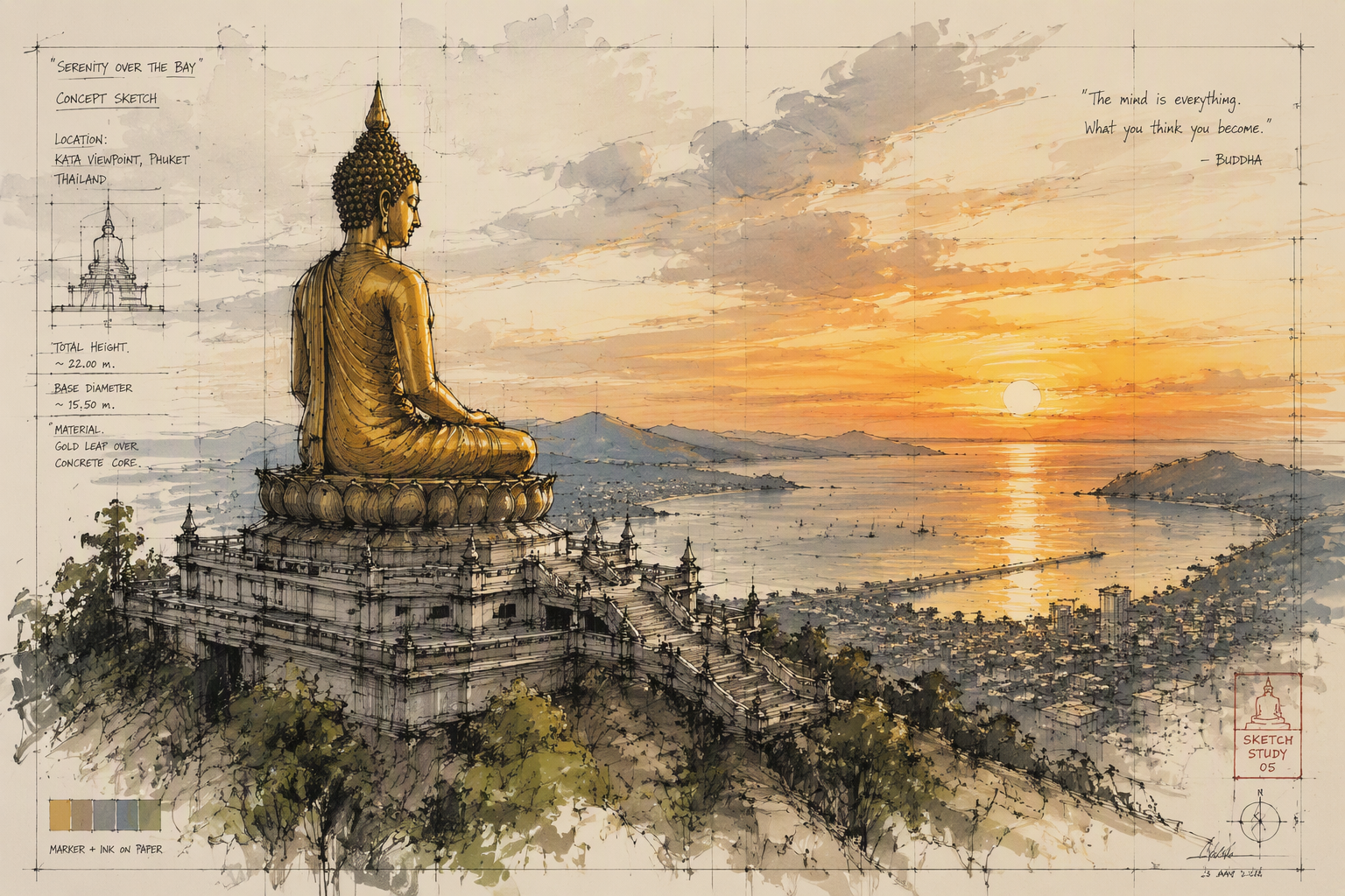 Kultainen Buddha-patsas kukkulalla ja merimaisema