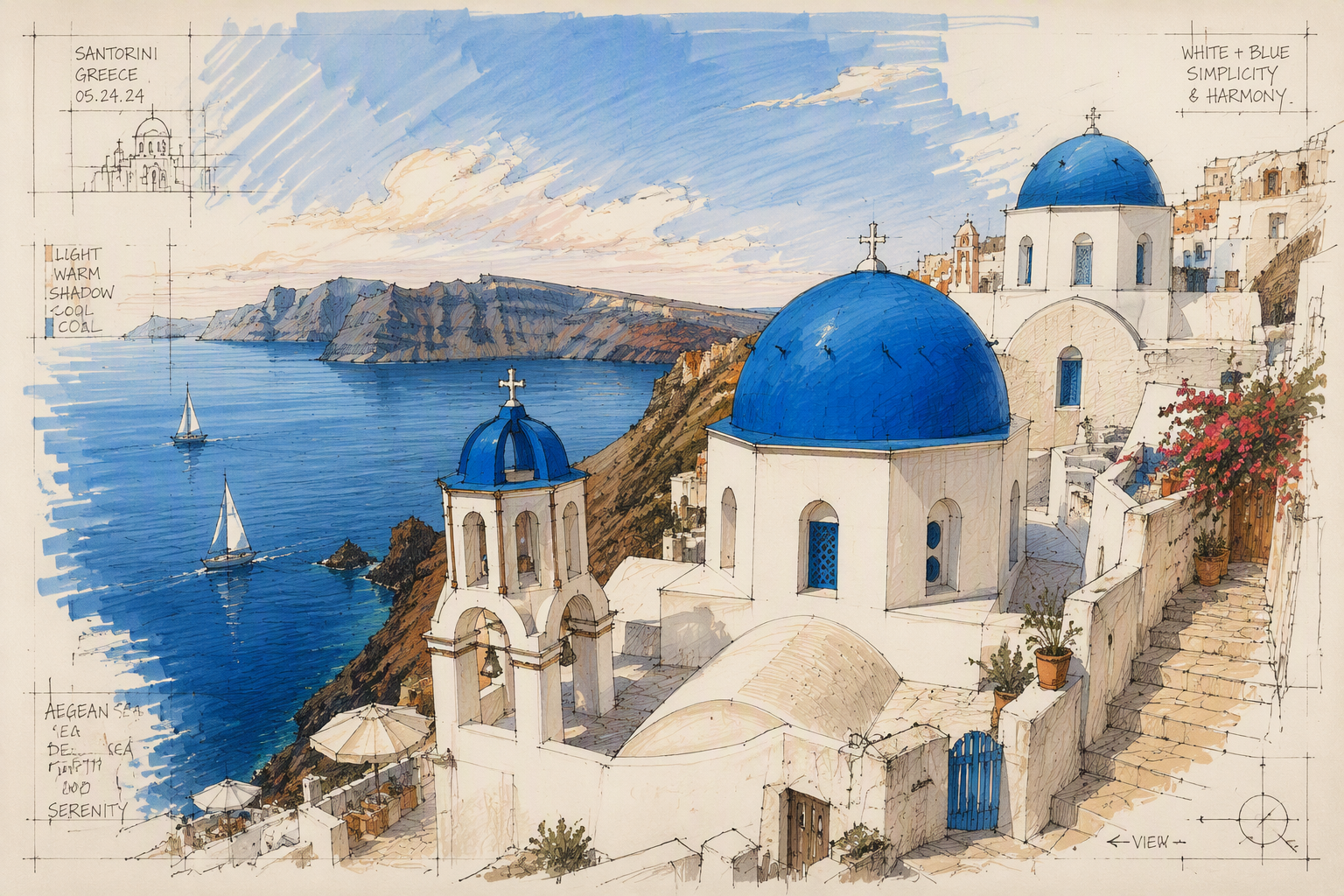 Valkoisia rakennuksia ja sinisiä kupoleita Santorinin rinteellä