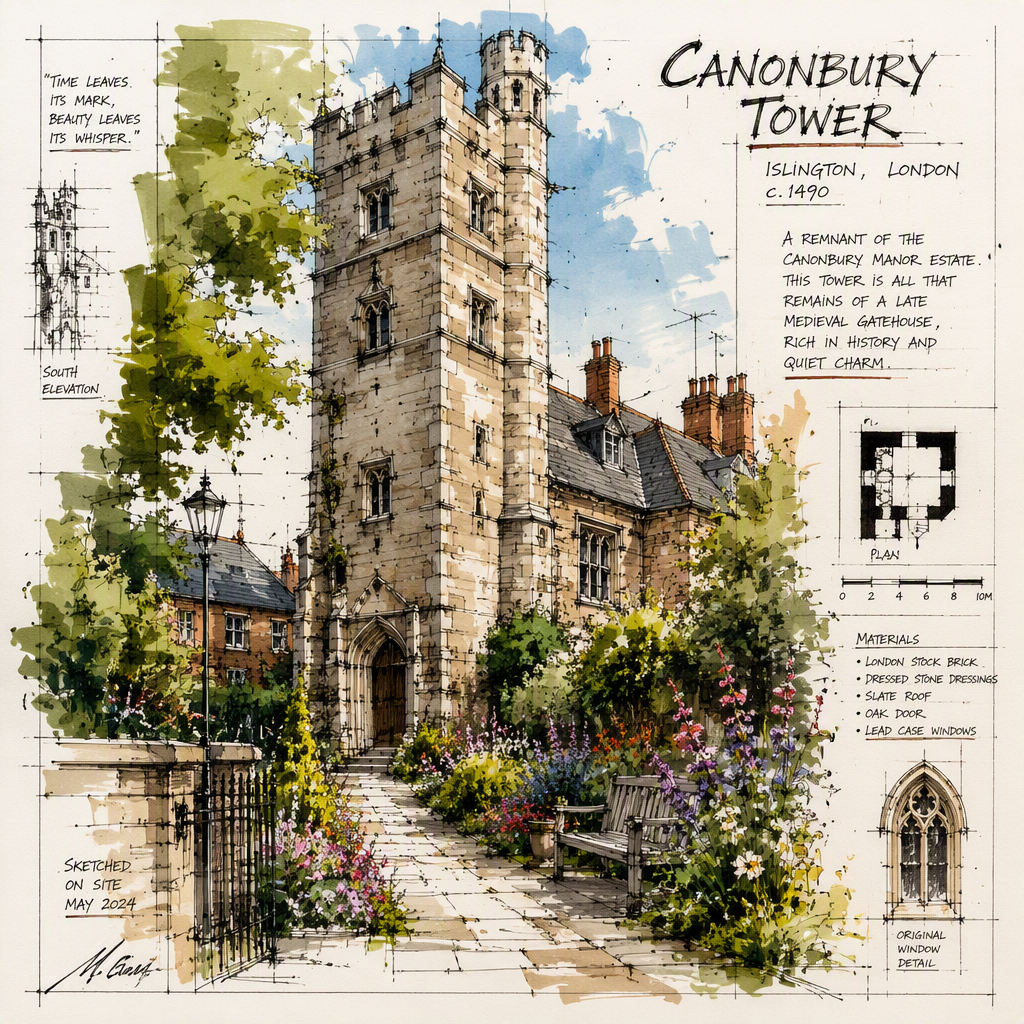 Historiallinen Canonbury Tower ja sitä ympäröivä puutarha