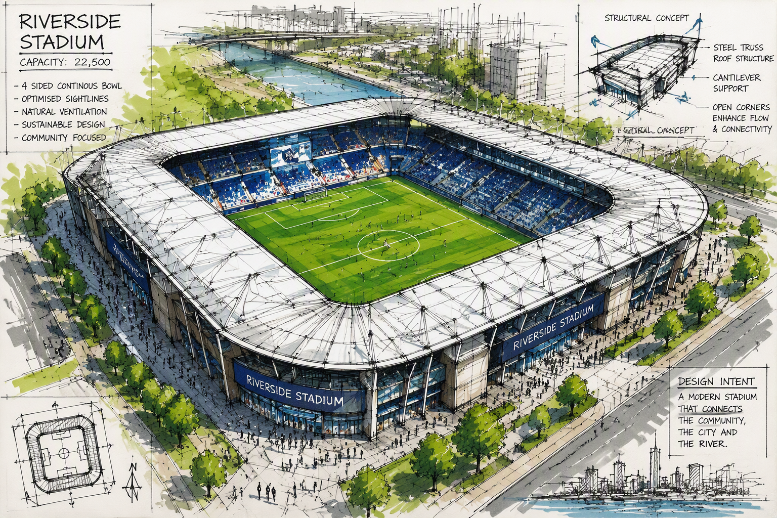 Ammattilaisjalkapallostadion vehreällä kentällä ja katsomoilla Ammattilaisjalkapallostadion vehreällä kentällä ja katsomoilla