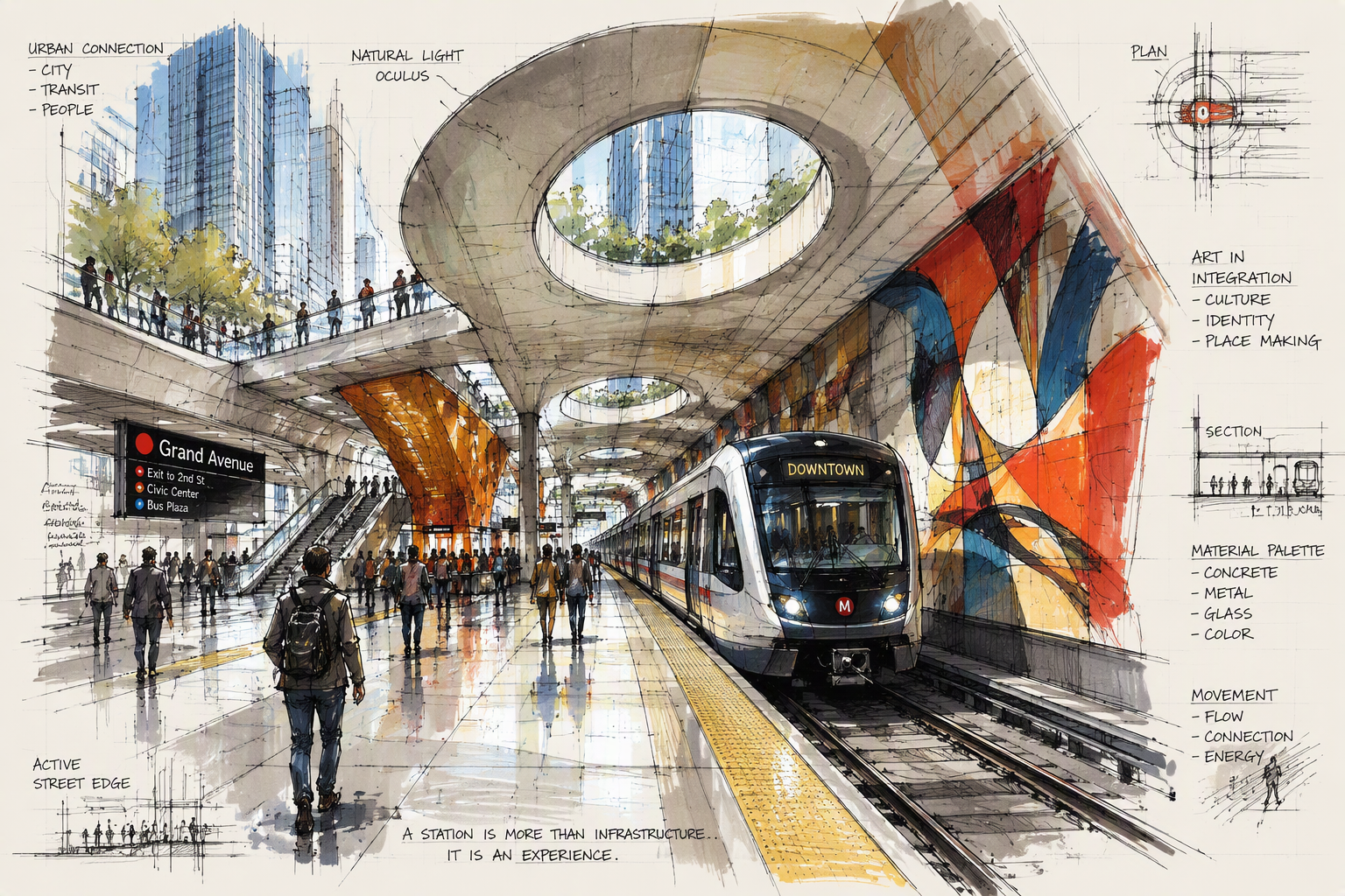 Moderni metro saapumassa tyylikkäälle metroasemalle