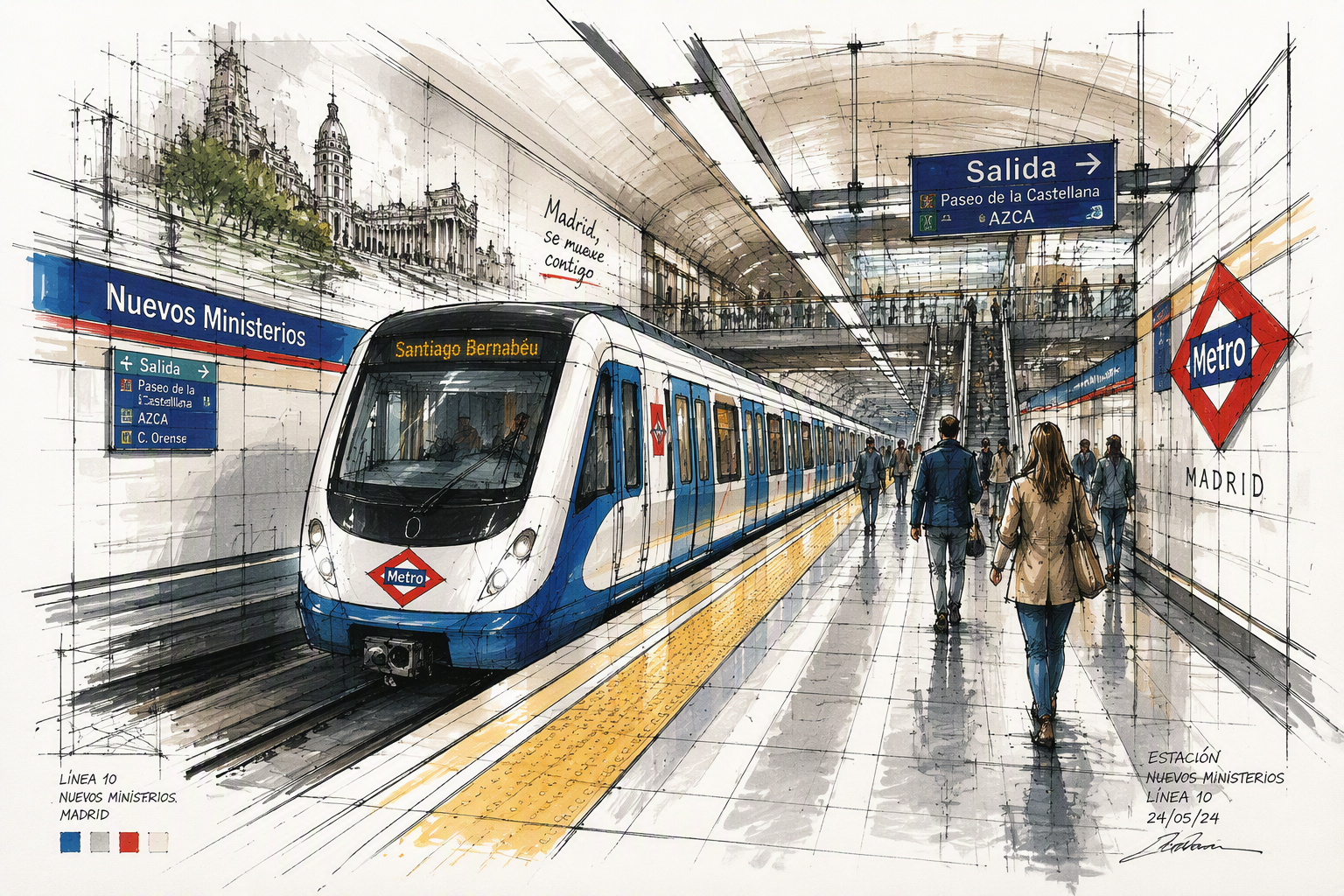 Moderni metro saapumassa valoisalle metroasemalle Moderni metro saapumassa valoisalle metroasemalle