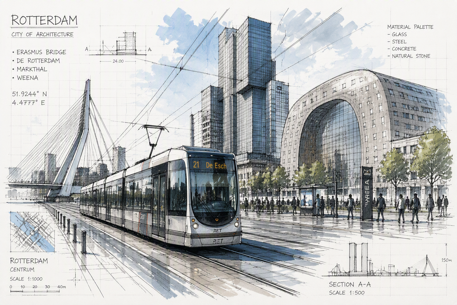 Moderni raitiovaunu Rotterdamin keskustassa