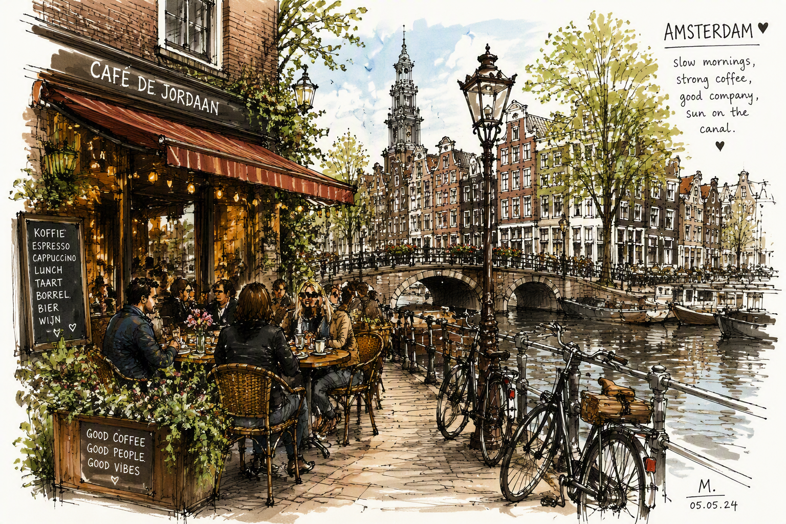 Tunnelmallinen kahvilaterassi Amsterdamin kanavan varrella Tunnelmallinen kahvilaterassi Amsterdamin kanavan varrella