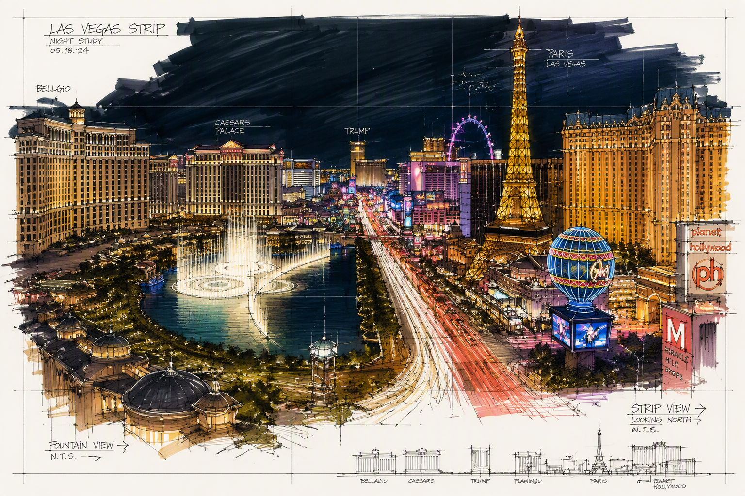 Las Vegasin kasinot ja värikkäät neonvalot yöllä