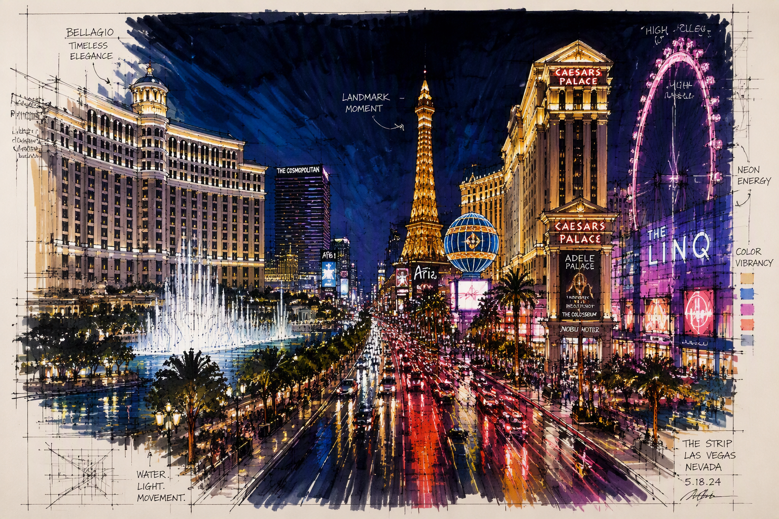 Las Vegasin kasinot ja värikkäät neonvalot yöllä