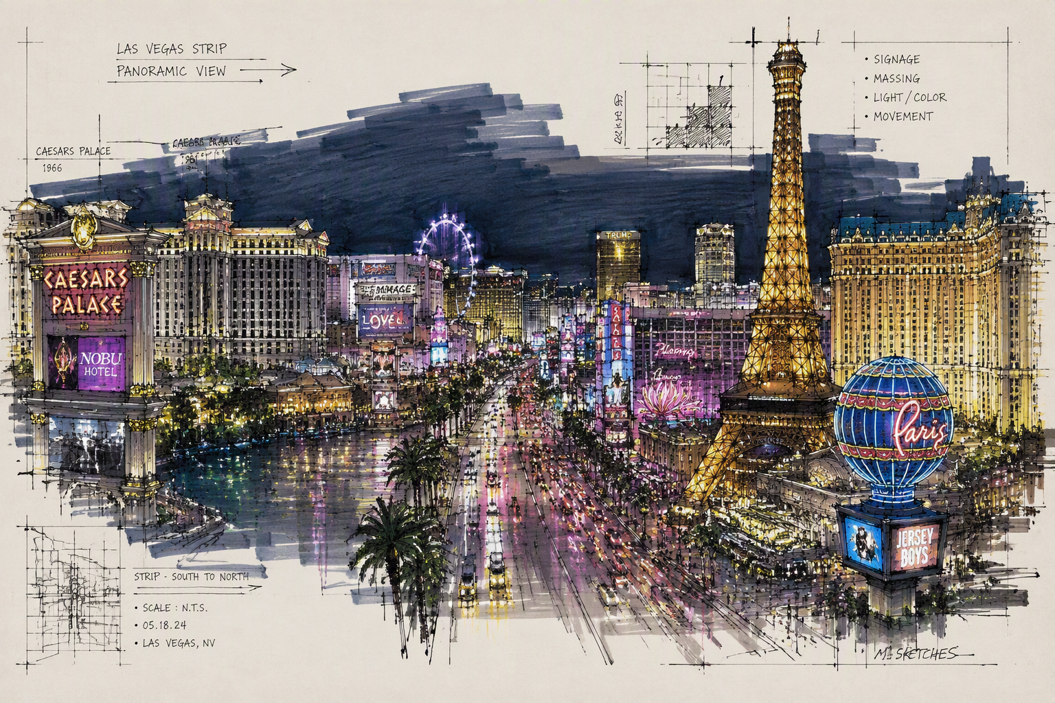Las Vegasin katuvalot ja neonvalot yöllä