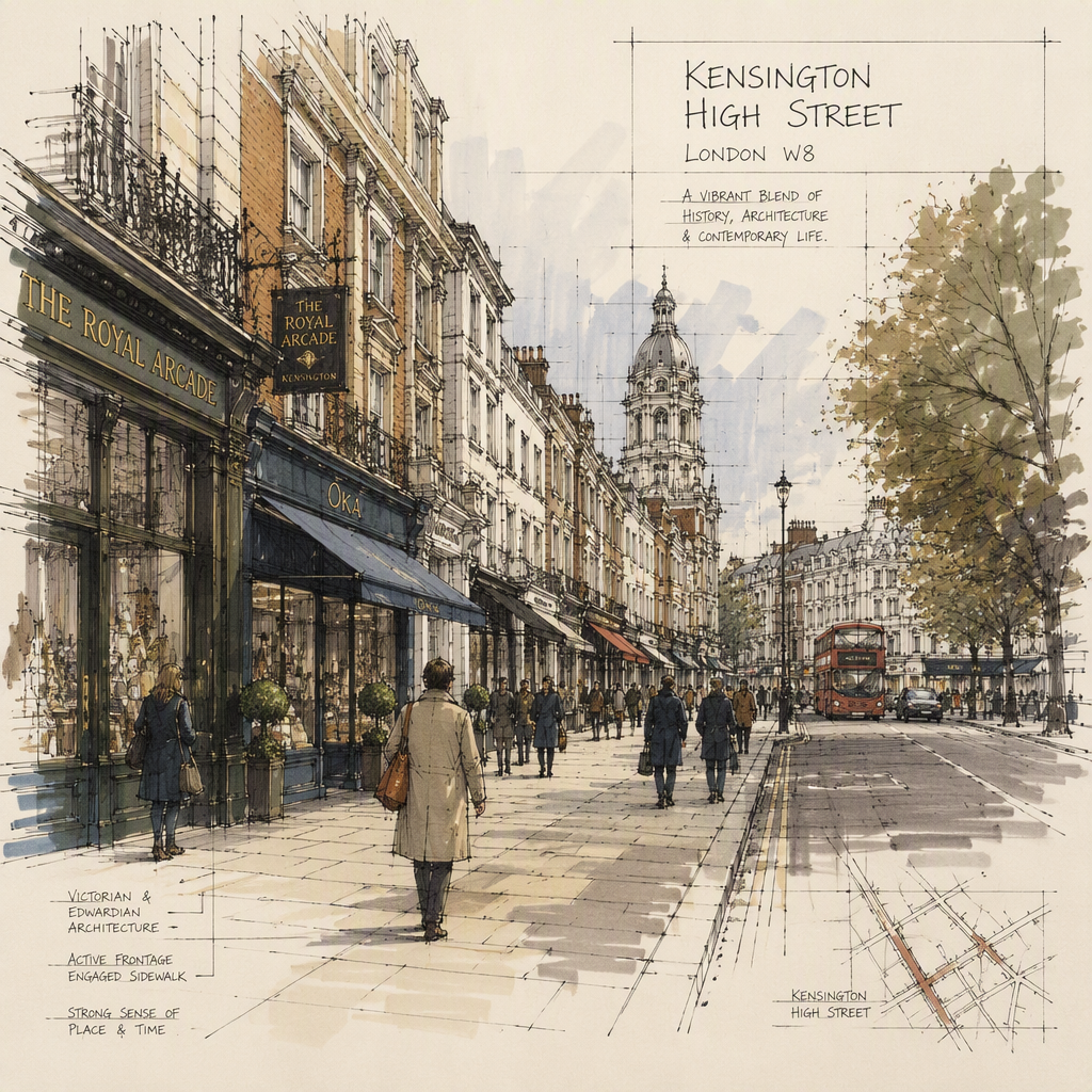 Kensington High Streetin tyylikkäitä liikkeitä ja ostoskatunäkymä