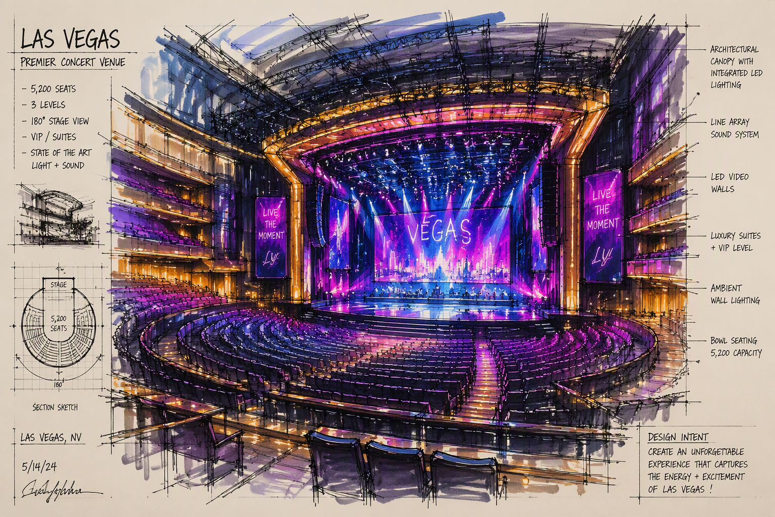 Las Vegasin kasinon suuri konserttilava ja valaistu katsomo