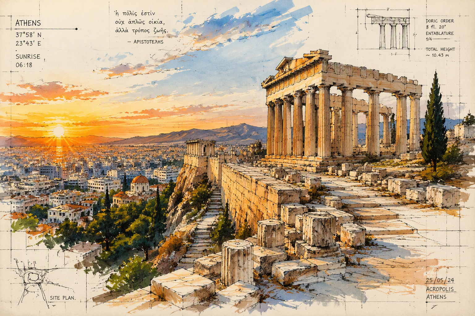 Akropolis-kukkula auringonnousun aikaan