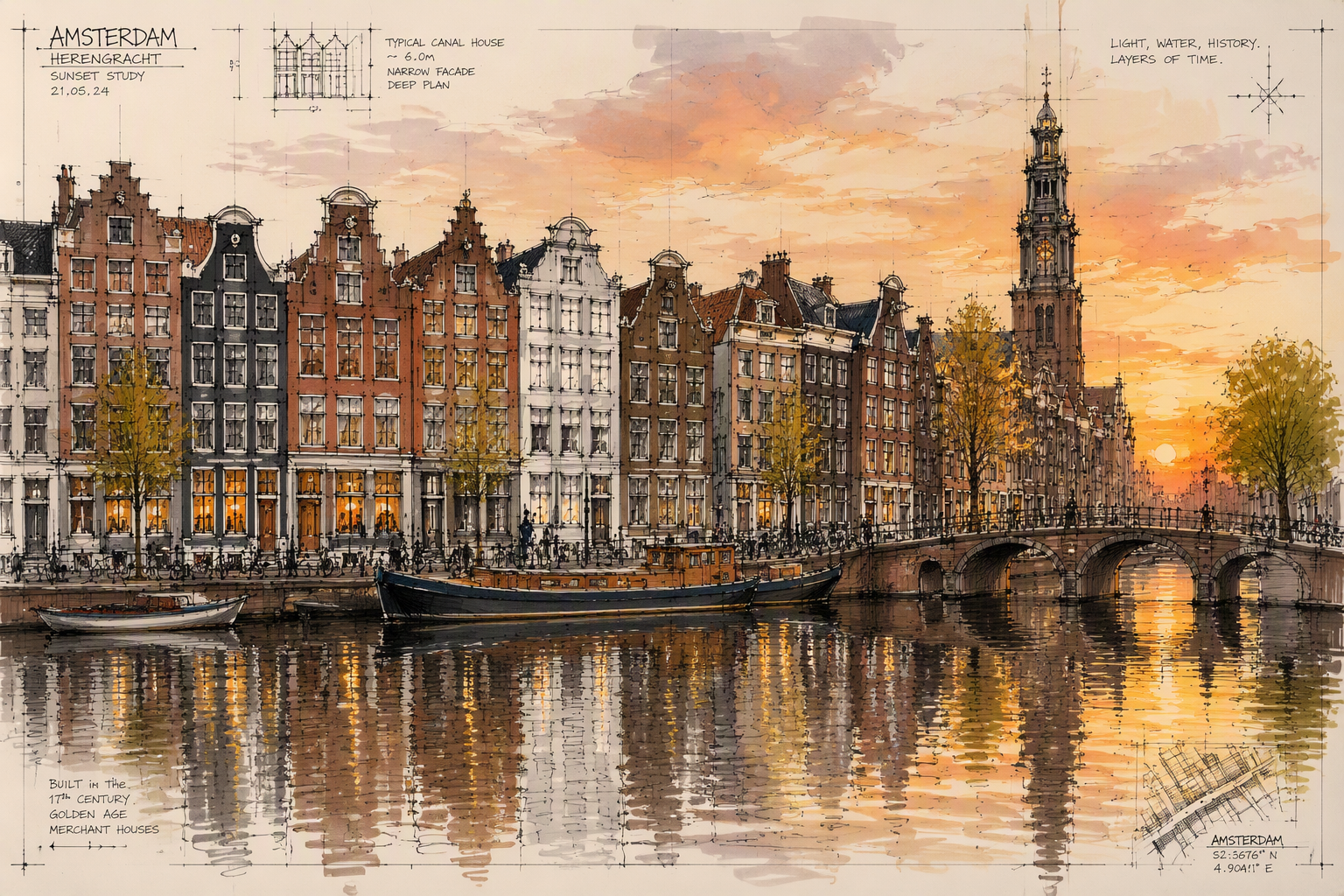 Historiallisia kanavataloja Amsterdamissa auringonlaskun aikaan