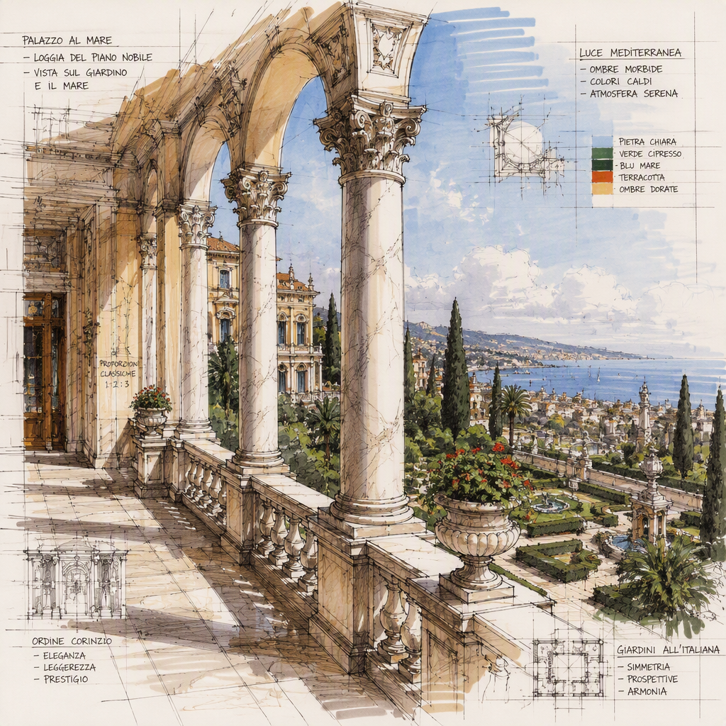 Achilleion-palatsin pylväitä ja puutarha auringonpaisteessa