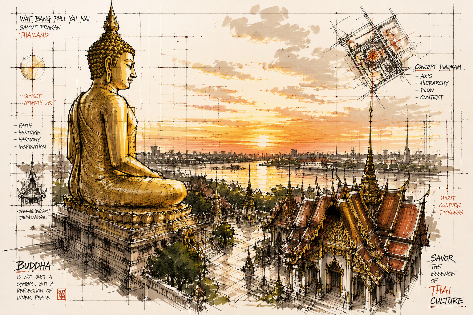 Kultainen Buddha-patsas temppelimaisemassa