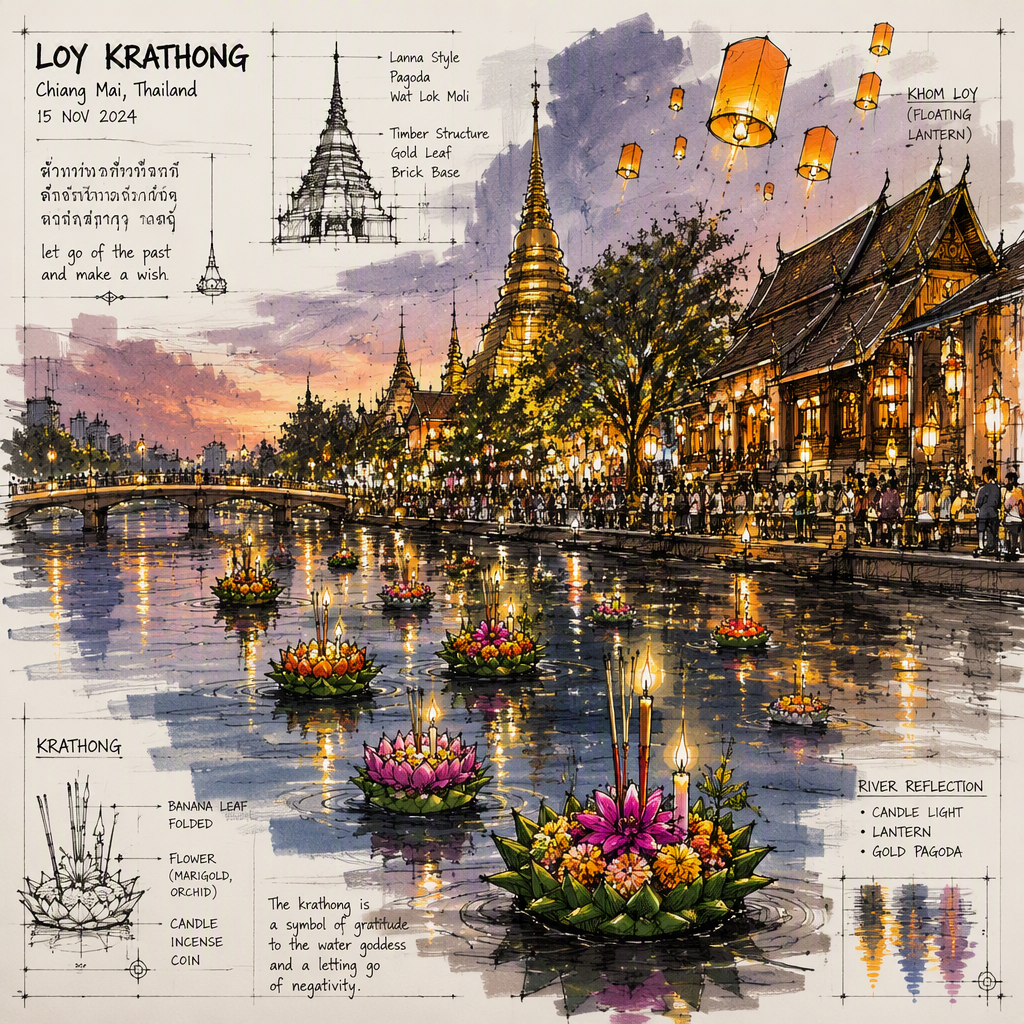 Loy Krathong -juhlan kynttilät kellumassa vedessä