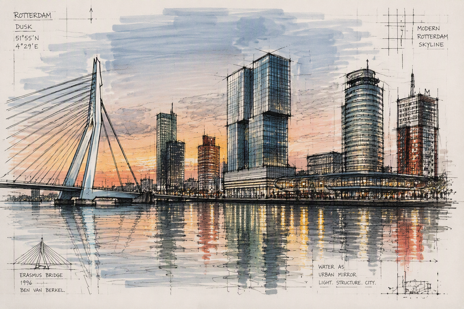 Rotterdamin moderni siluetti ja Erasmus-silta iltavalaistuksessa Rotterdamin moderni siluetti ja Erasmus-silta iltavalaistuksessa
