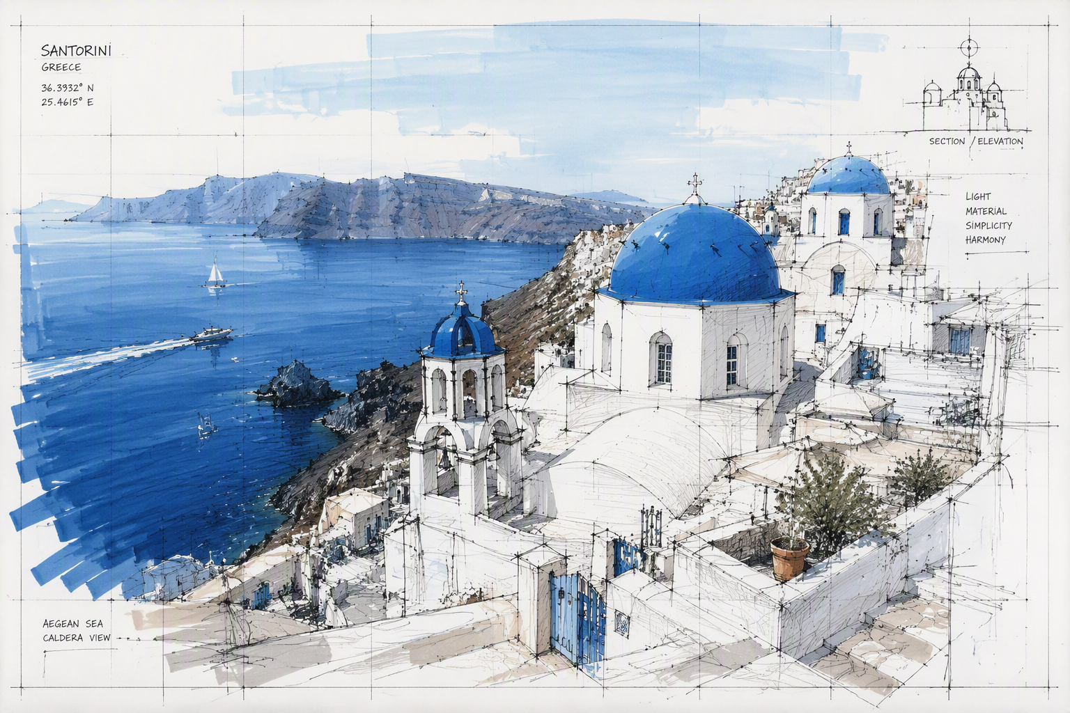 Valkoisia rakennuksia ja sinisiä kupoleita Santorinin rinteillä Valkoisia rakennuksia ja sinisiä kupoleita Santorinin rinteillä