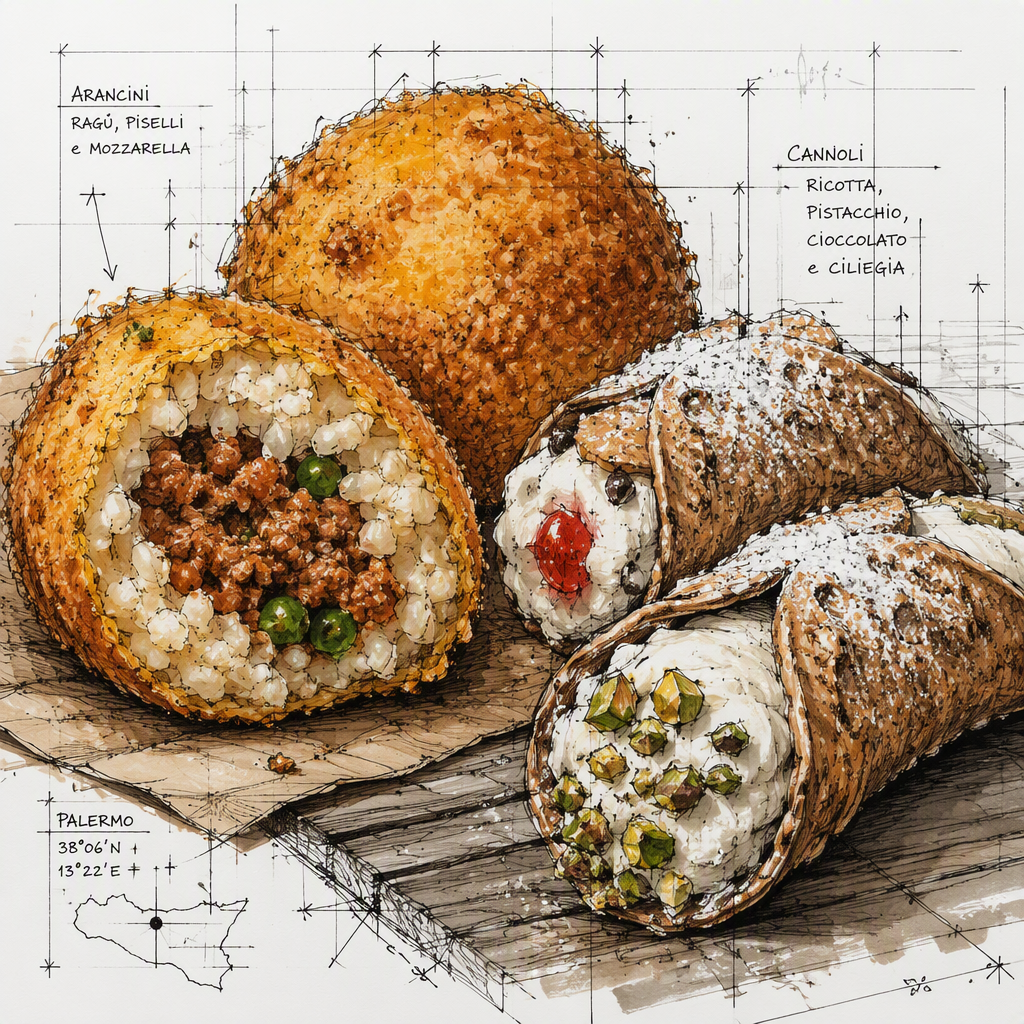Sisilialaisia arancini-riisipalloja ja cannoli-leivonnaisia