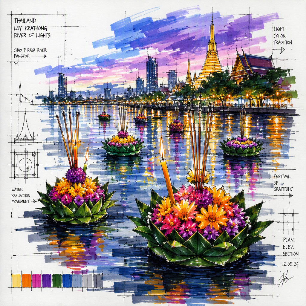 Koristeellisia krathong-lauttoja vedessä juhlan aikana