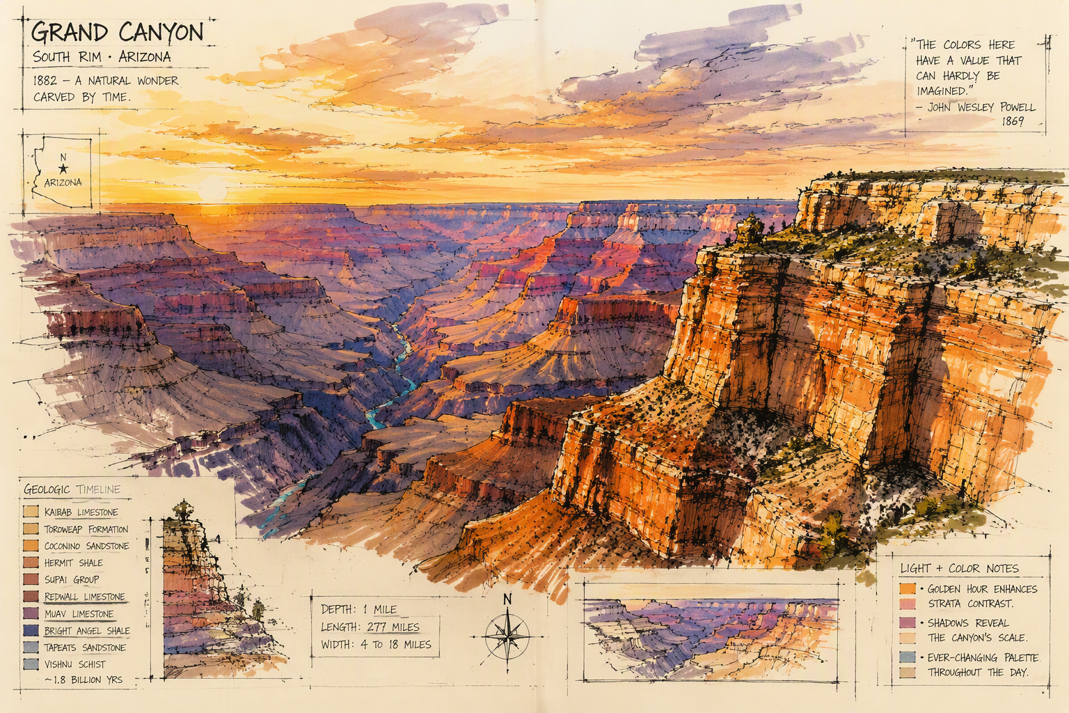 Grand Canyonin jylhät kalliot ja laajat maisemat auringonlaskussa