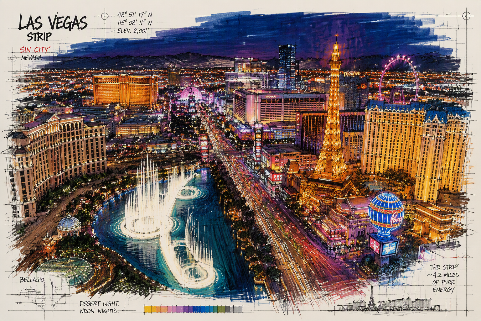 Las Vegasin kuuluisa neonvaloin valaistu katu yöllä