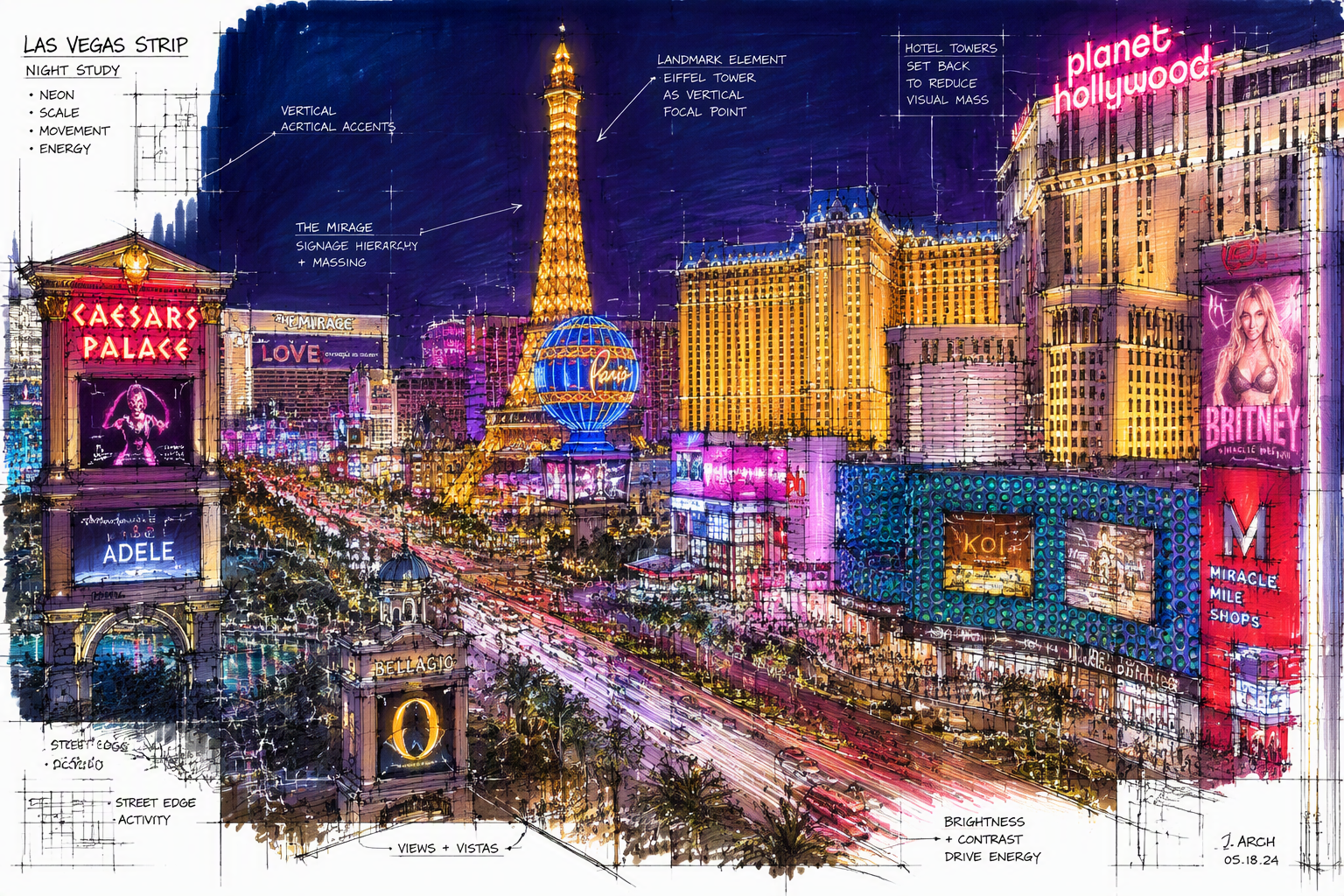 Las Vegasin kasinoiden neonvalot loistavat yössä
