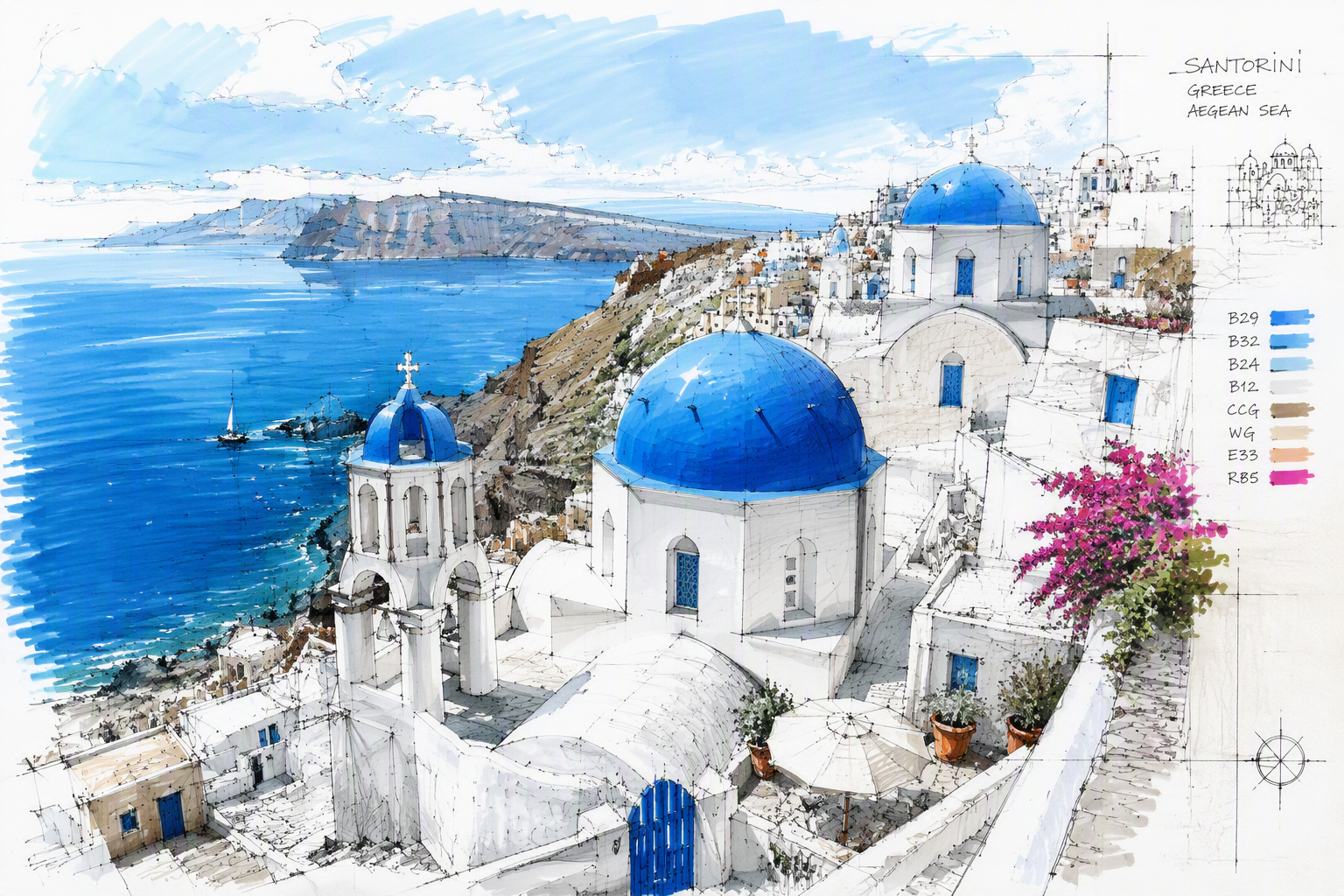 Valkoisia rakennuksia ja sinisiä kupoleita Santorinin rinteellä