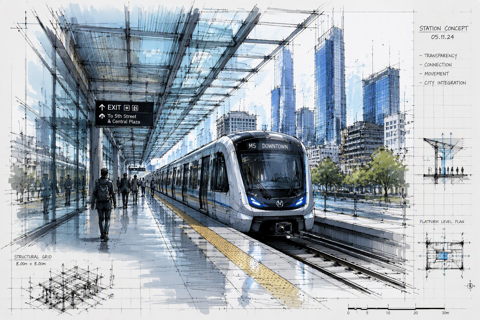 Moderni metro saapumassa rautatieasemalle Moderni metro saapumassa rautatieasemalle