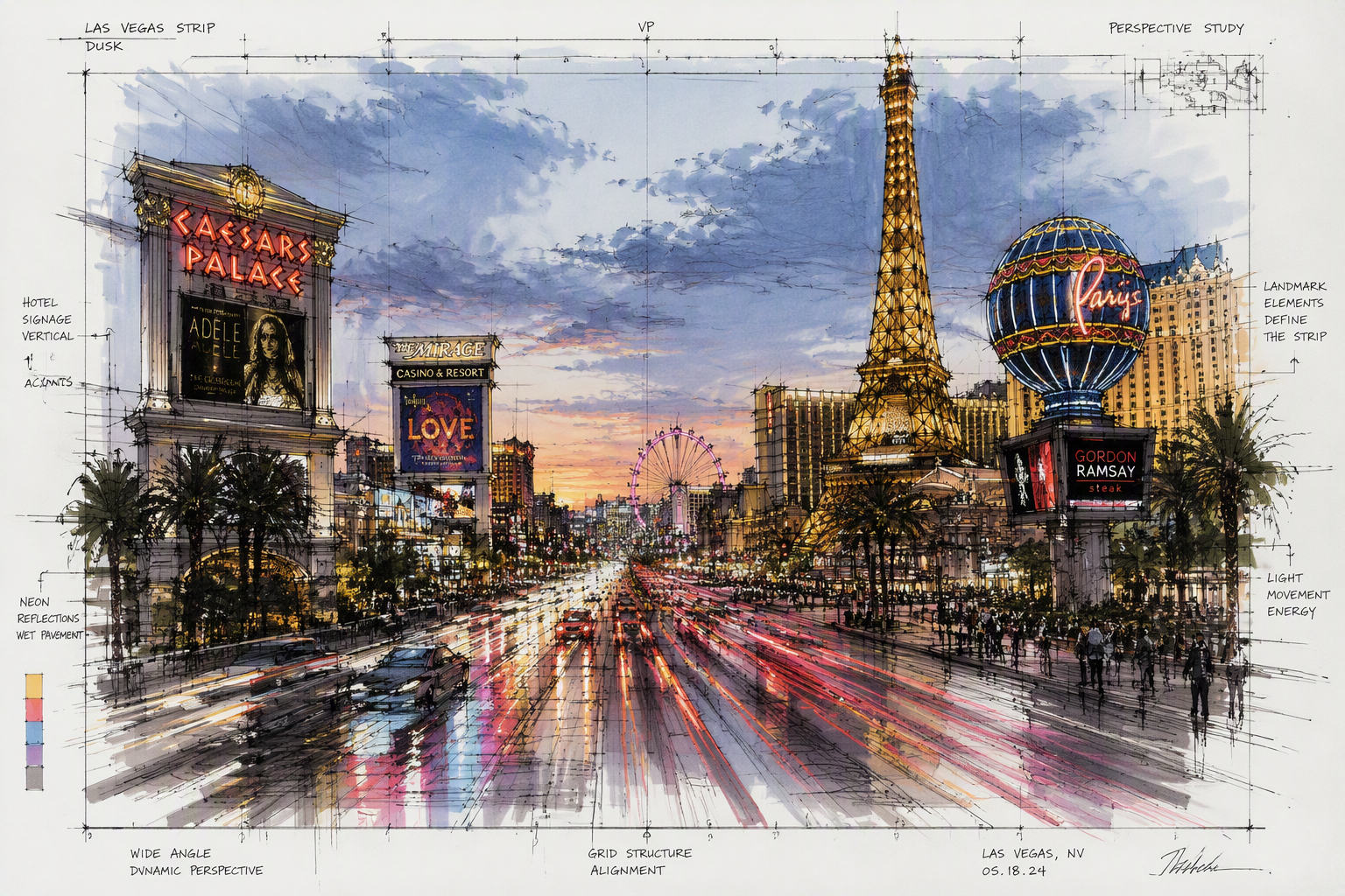 Las Vegasin katuvalaistus ja liikenne hämärässä
