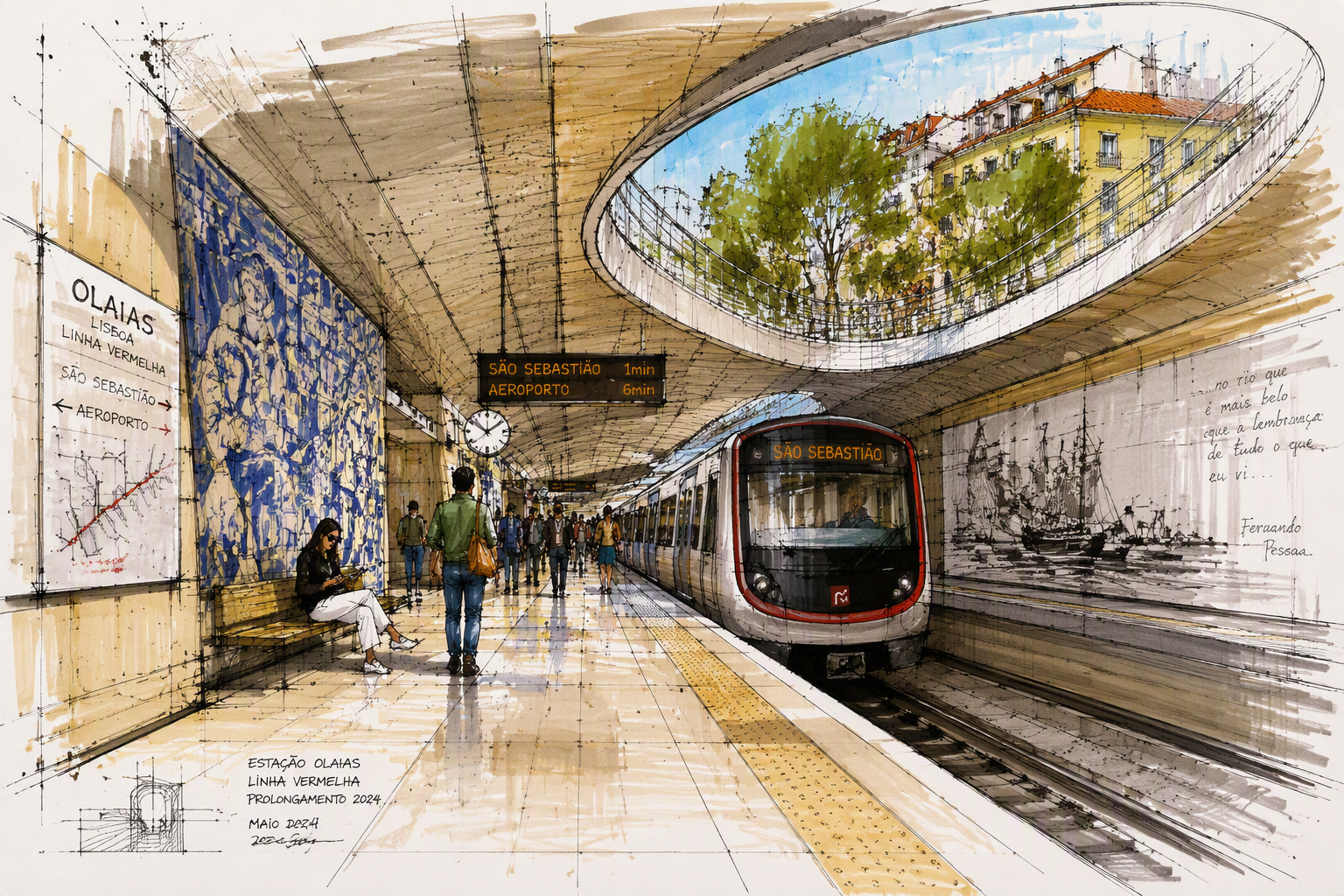 Moderni metrojuna saapumassa tyylikkäälle metroasemalle